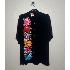 Olveritas Black Floral Embroidered Button Up Shirt Women's 2X  Mexican style